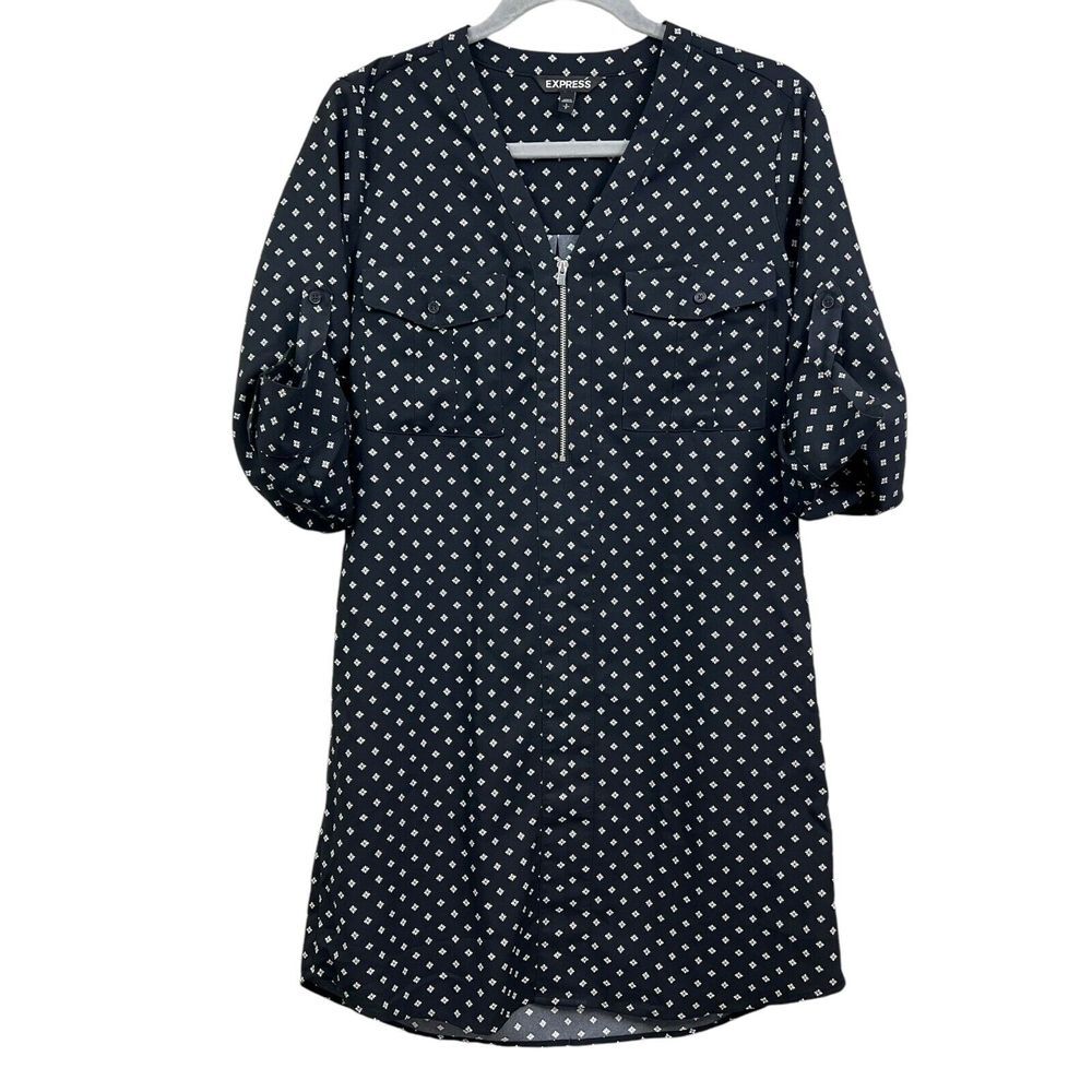 Express Women Dress Floral Quarter Zip Roll Tab Sleeve Pockets Black White Sz S*